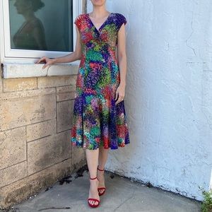 Jones New York Print Multi Color Empire Waist V Neck Spandex Poly A Line Dress!